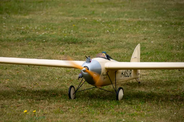 Geel modelvliegtuig op het gras